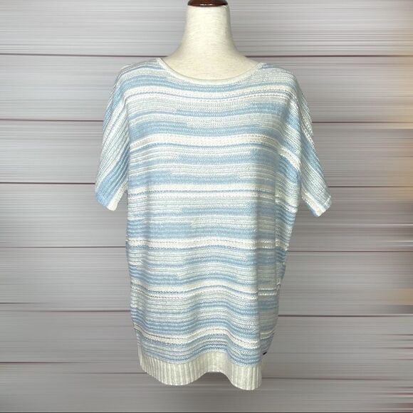 St. John Cashmere Linen Striped V Back Short Sleeves Sweater Top - Picture 2 of 14